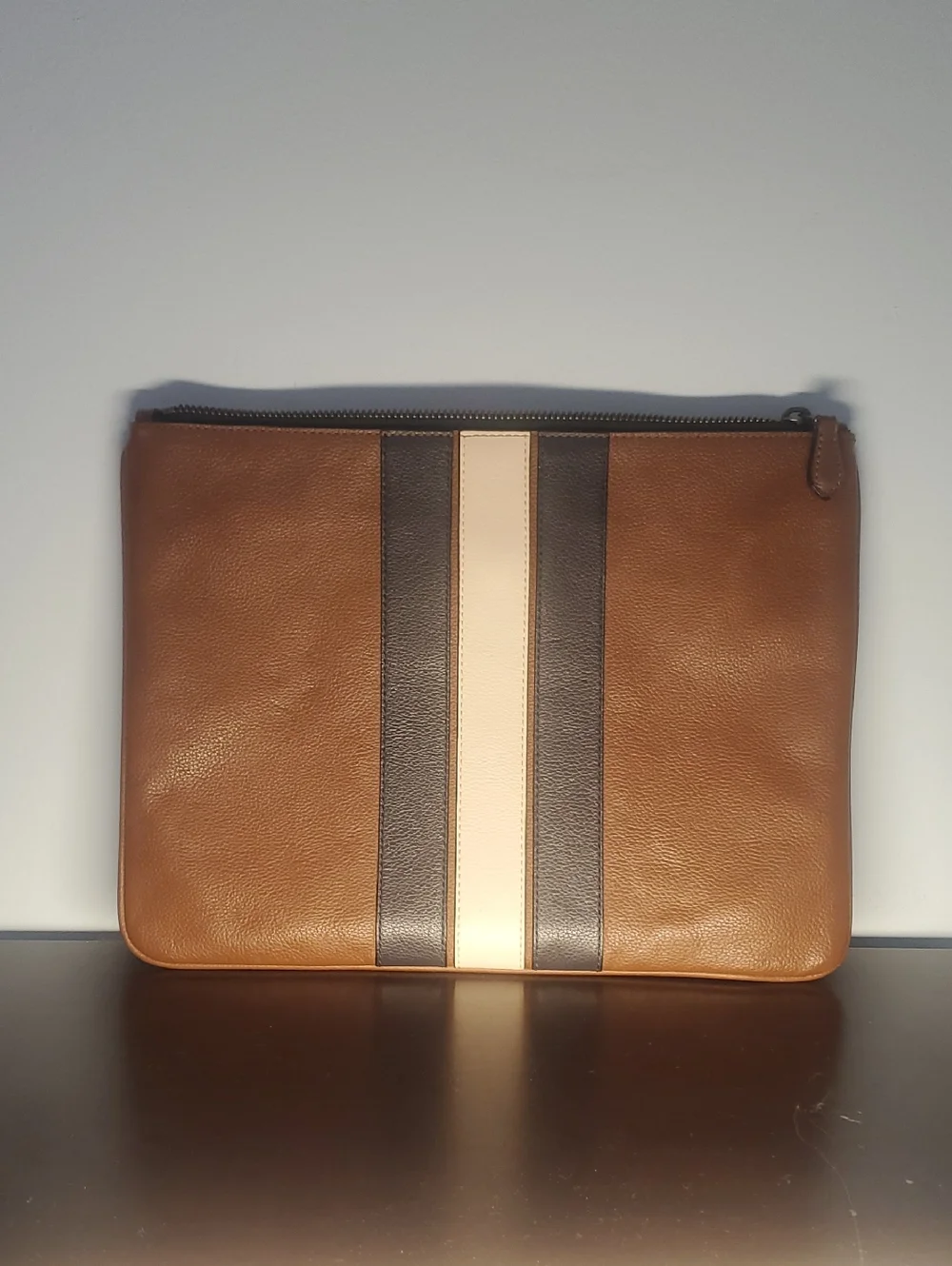 Coach Brown Leather Laptop Pouch with Navy and Cream Stripes
